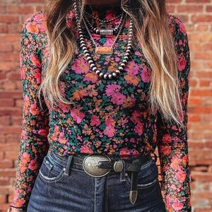 Bohemian Floral Print Semi Sheer Fitted Long Sleeve Top S M L XL